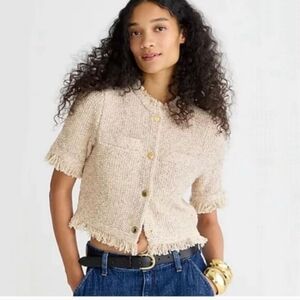 J.Crew Tweed Fringe Cardigan Top Size M Beige Preppy Chic Short Sleeve Medium